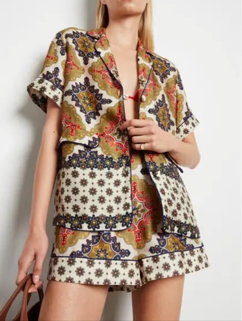 Cara Cara Portofino Top In Mandala Print Short Sleeve Viscose Silk Blouse